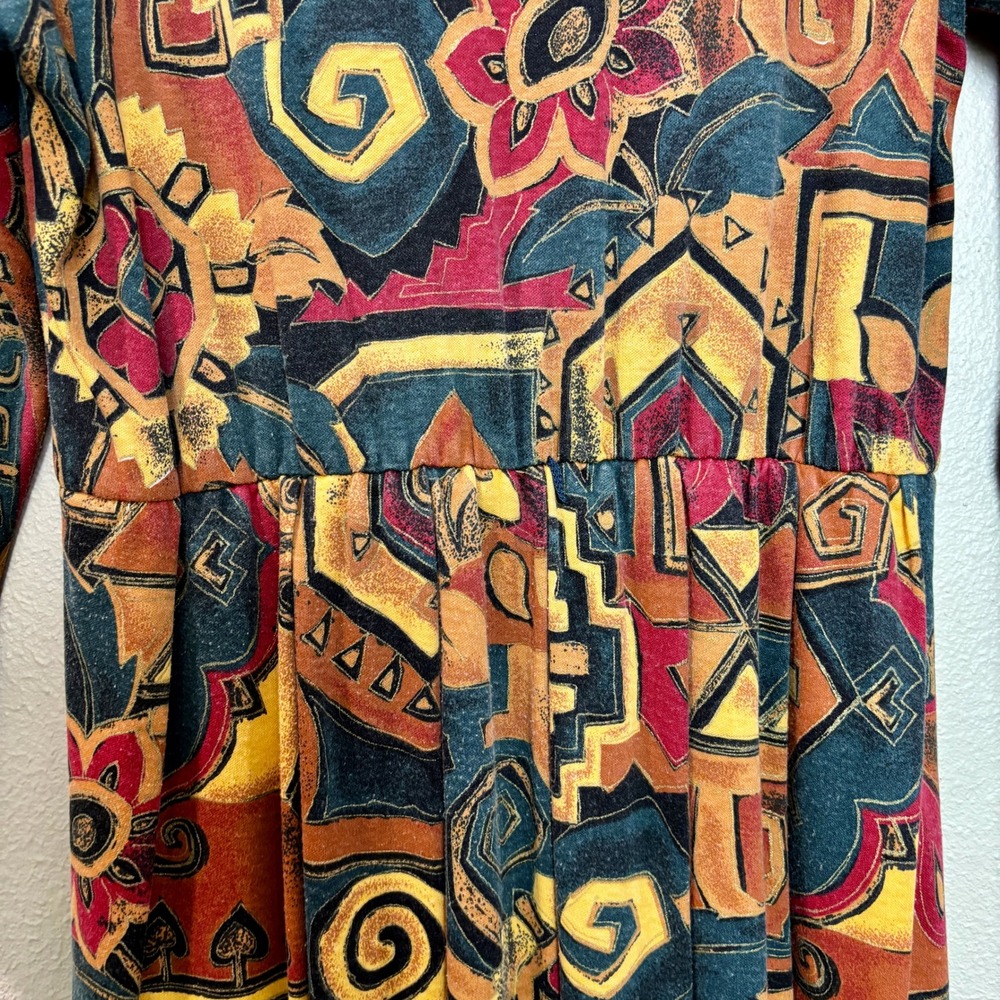 Sabino Vintage 80s Midi Dress Abstract Print Belted Long Sleeve Size 6 Bohemian - Picture 7 of 16